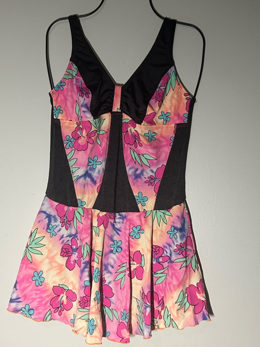 Girls Floral Tie-Dye Skater One-Piece Swimsuit - Pink Multicolor